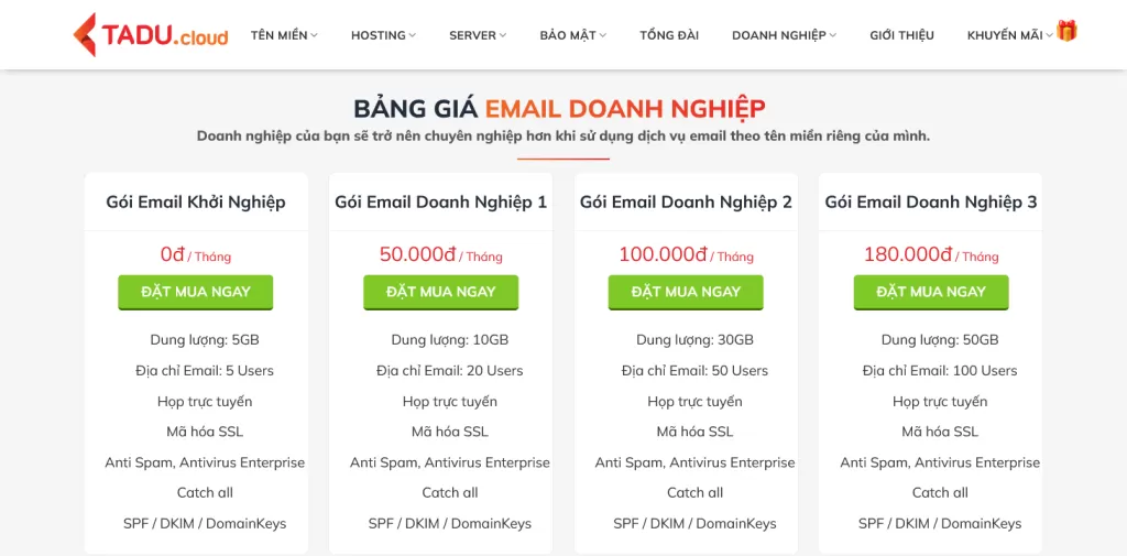 Bảng giá Email doanh nghiệp Tadu.Cloud
