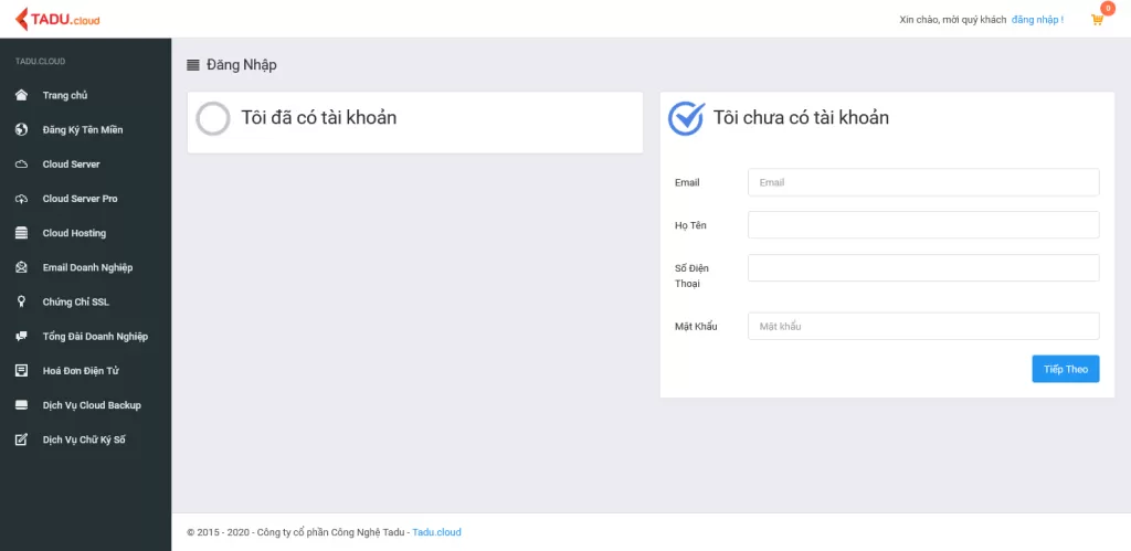 Giao diện chưa có tài khoản mua hàng tại Tadu