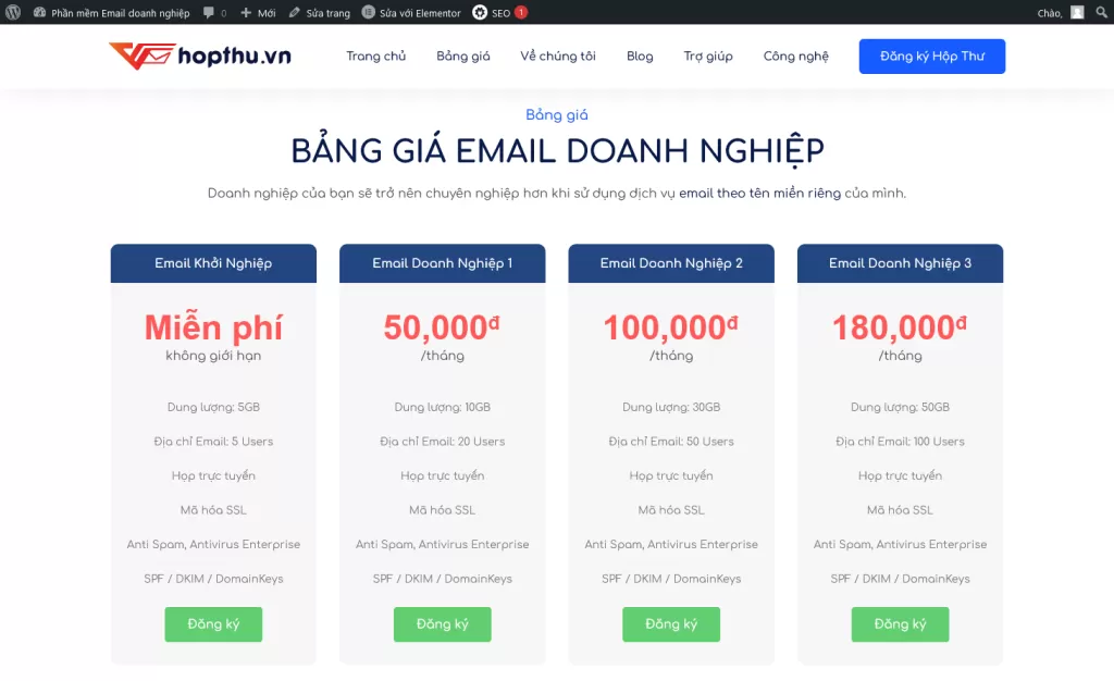 Bảng giá Email doanh nghiệp tại Hộp Thư Doanh Nghiệp