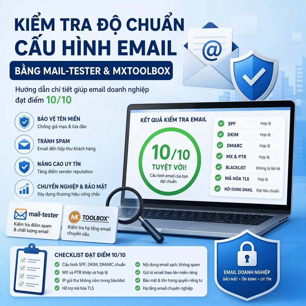 Cách Kiểm Tra Độ Chuẩn Cấu Hình Email Bằng Mail-Tester và MXToolbox Đạt Điểm 10/10